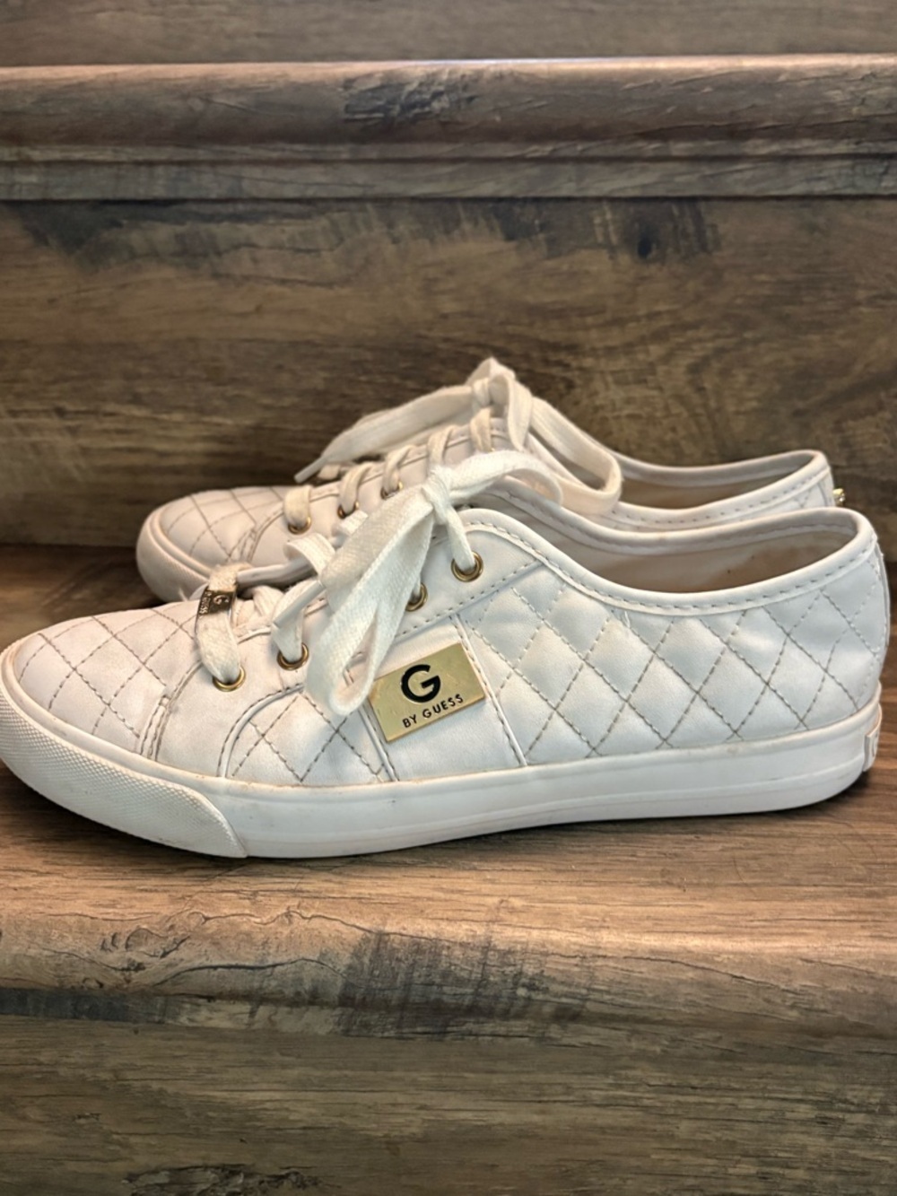 G by Guess Quilted Low-Top Sneakers in White with Gold Accents